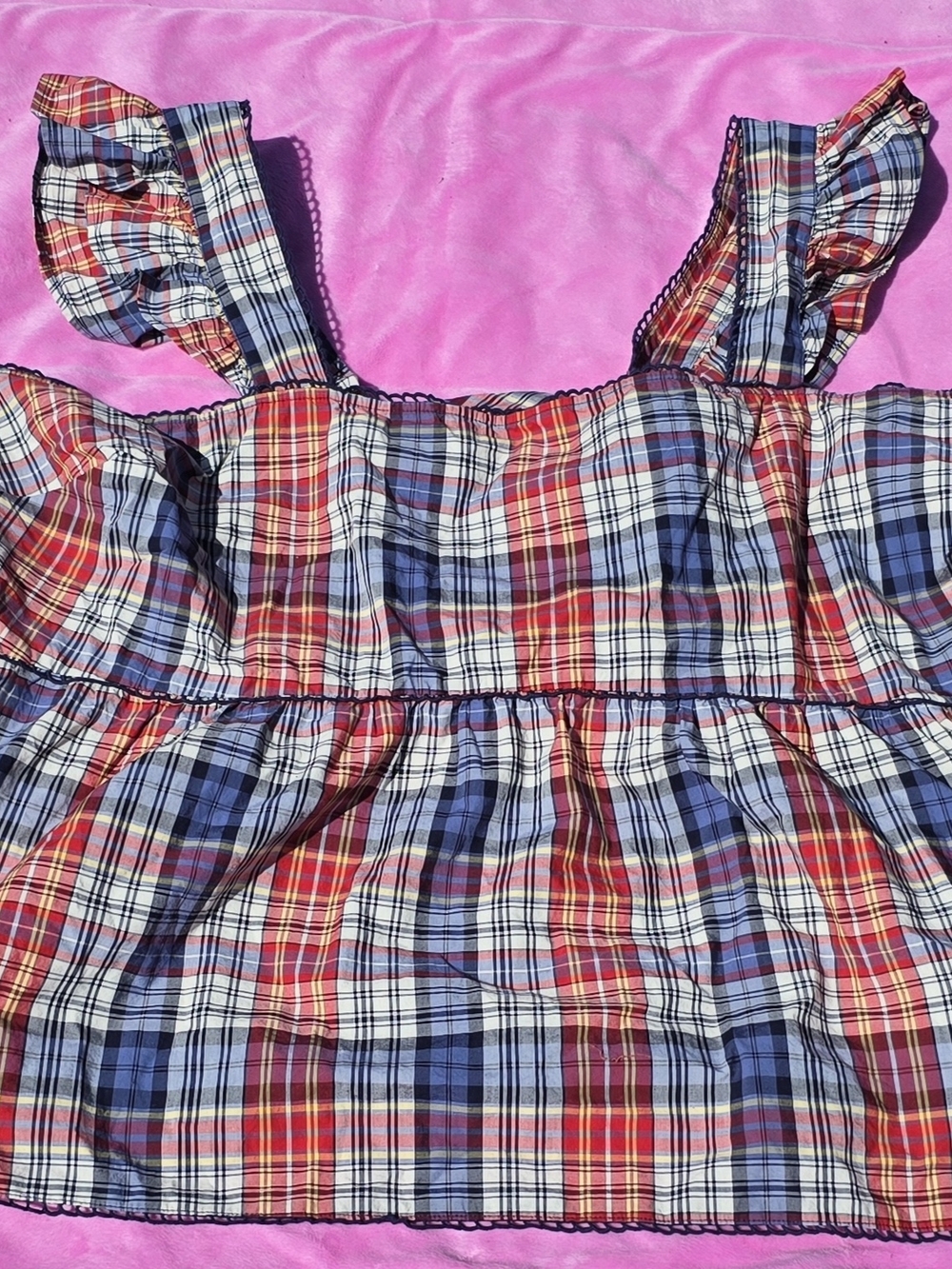 Belle Isle Red Blue Plaid Ruffle Tank Top